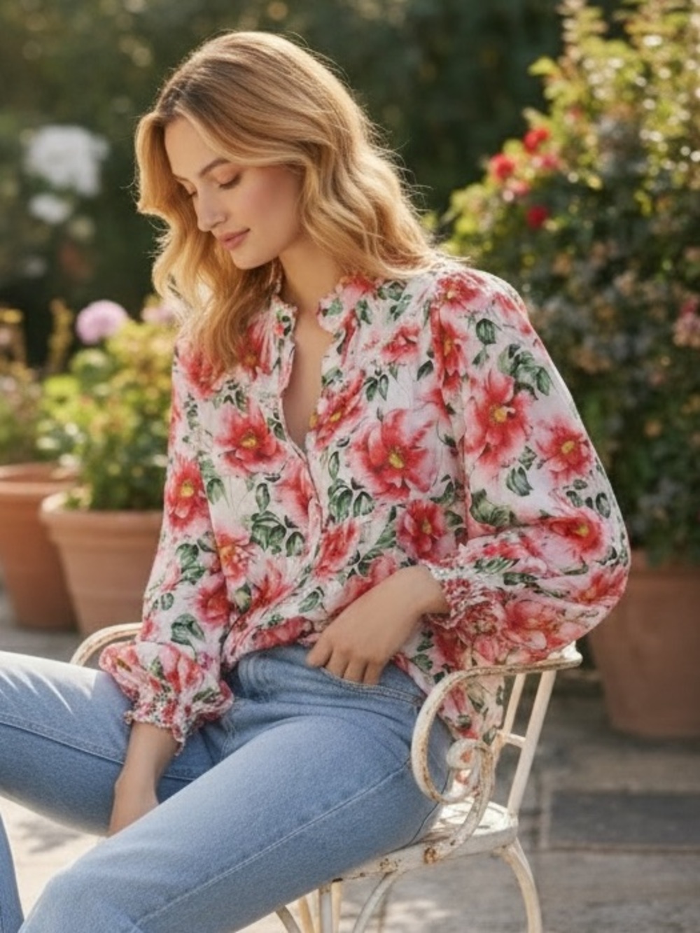 NWT Alice + Olivia Jacelyn Floral Boho Blouson Blouse in Red/White Size XS - Picture 3 of 17